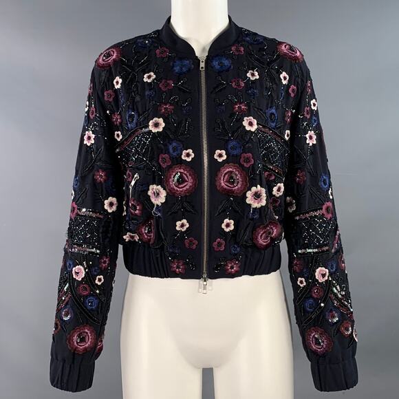 NEEDLE AND THREAD Size 4 Navy Burgundy White Embroidered Floral Bomber Jacket - Picture 1 of 14